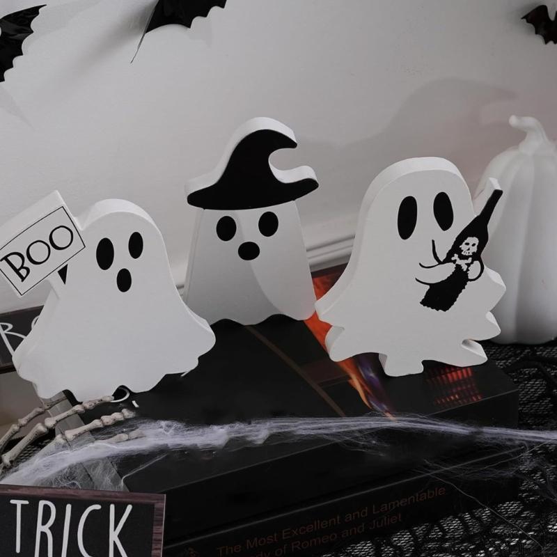 Halloween Cartoon Ghostly Decors Figurine Table Sign Set Of 3 Tiered Tray Ornaments For Mantels Shelves Seasonal Crafting