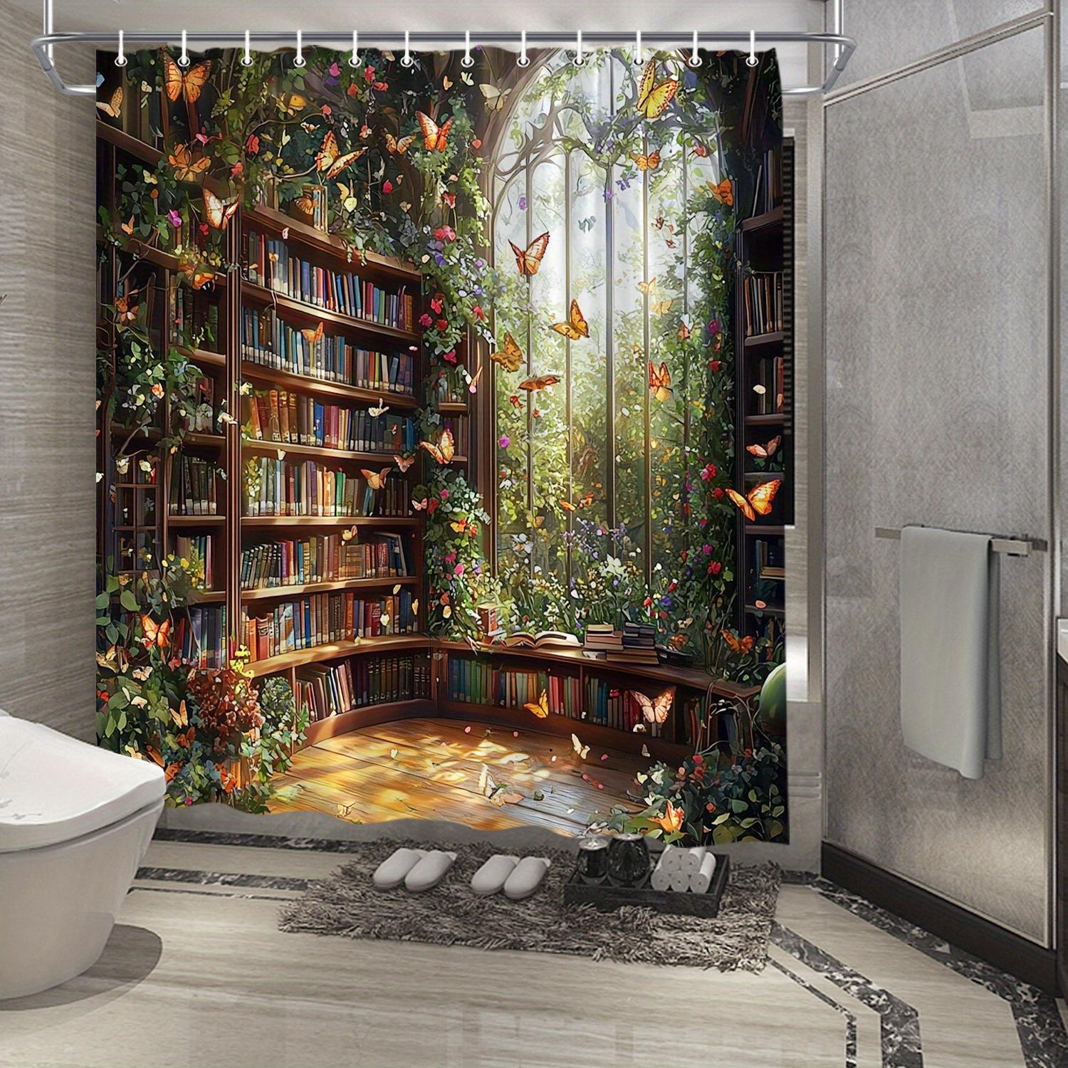 

Enchanted Library Shower Curtain - Fantasy Bookshelf, Watercolor Art, Colorful Books & Butterflies, Water-Resistant W90xH180cm