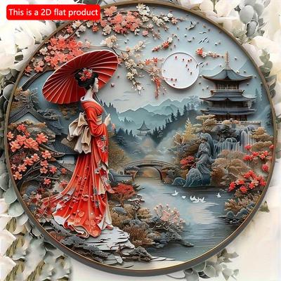 2d Flat 20*20cm, Round Wooden Sign Art, Japanese Kimono Decorative, Entrance Decor Gift, Mask Theme, for Bar, Cafe, Club, Home, Room Wall Decor.