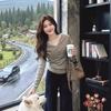 Korean V-Neck Long Sleeve Slimming T-Shirt for Women - Spring, Autumn, Winter