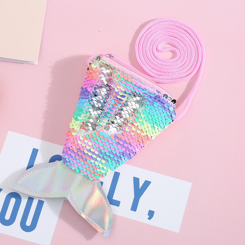 Glitter Coin Purse with Hanging Rope Children's Diagonal Cross Small Bag Fish Tail Dual Color Glitter Coin Purse