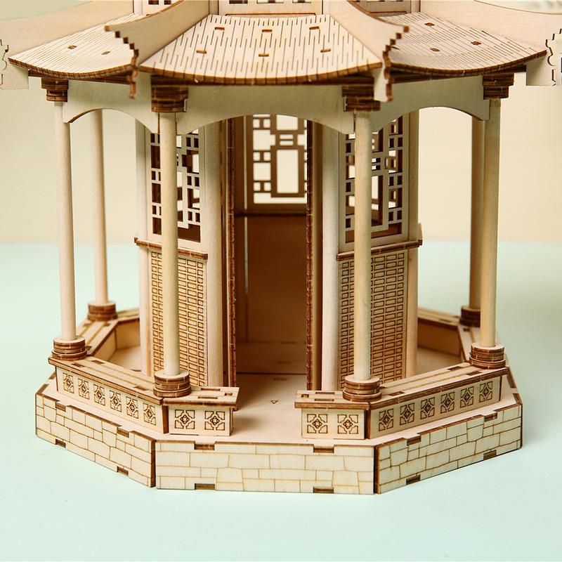 3D Wooden Puzzle Chinese Traditional Building Octagonal Pavilion DIY Assembly Kits Model Desktop Game Toys for Children Adults