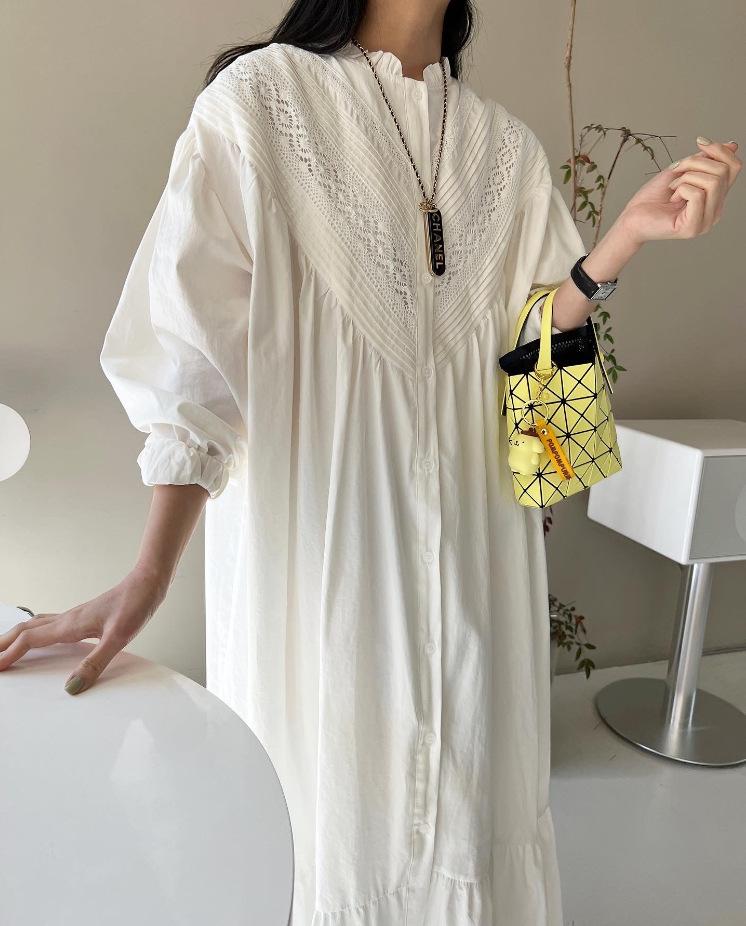 

Johnature Fall Korean Pleated Lace Stitching Vintage Simple Lace Stitching Women Dress One Size белый