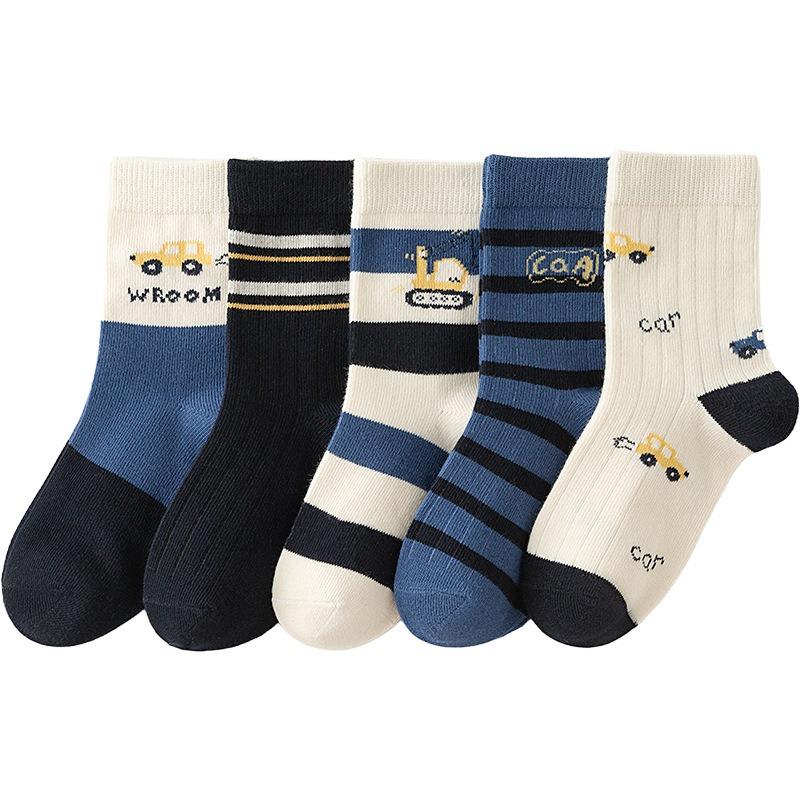 5 Pairs Boys Cartoon Car Socks Autumn Winter Mid Tube Cotton Socks For Kids Children Casual Soft Comfortable Crew Socks