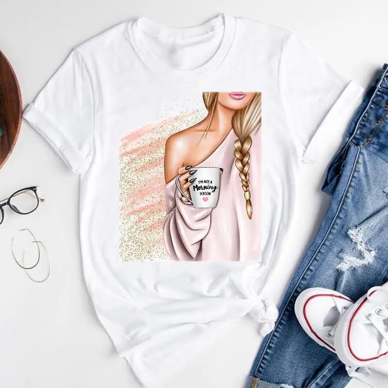 T-shirt Estiva alla Moda con Stampa di Ragazza del Caffè Cartone Animato, Top Casual da Donna, Magliette Grafiche Vintage, Maglietta Pro Choice