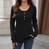 Autumn Winter Solid Color Round Neck Button Loose Long Sleeve T-Shirt Top for Women