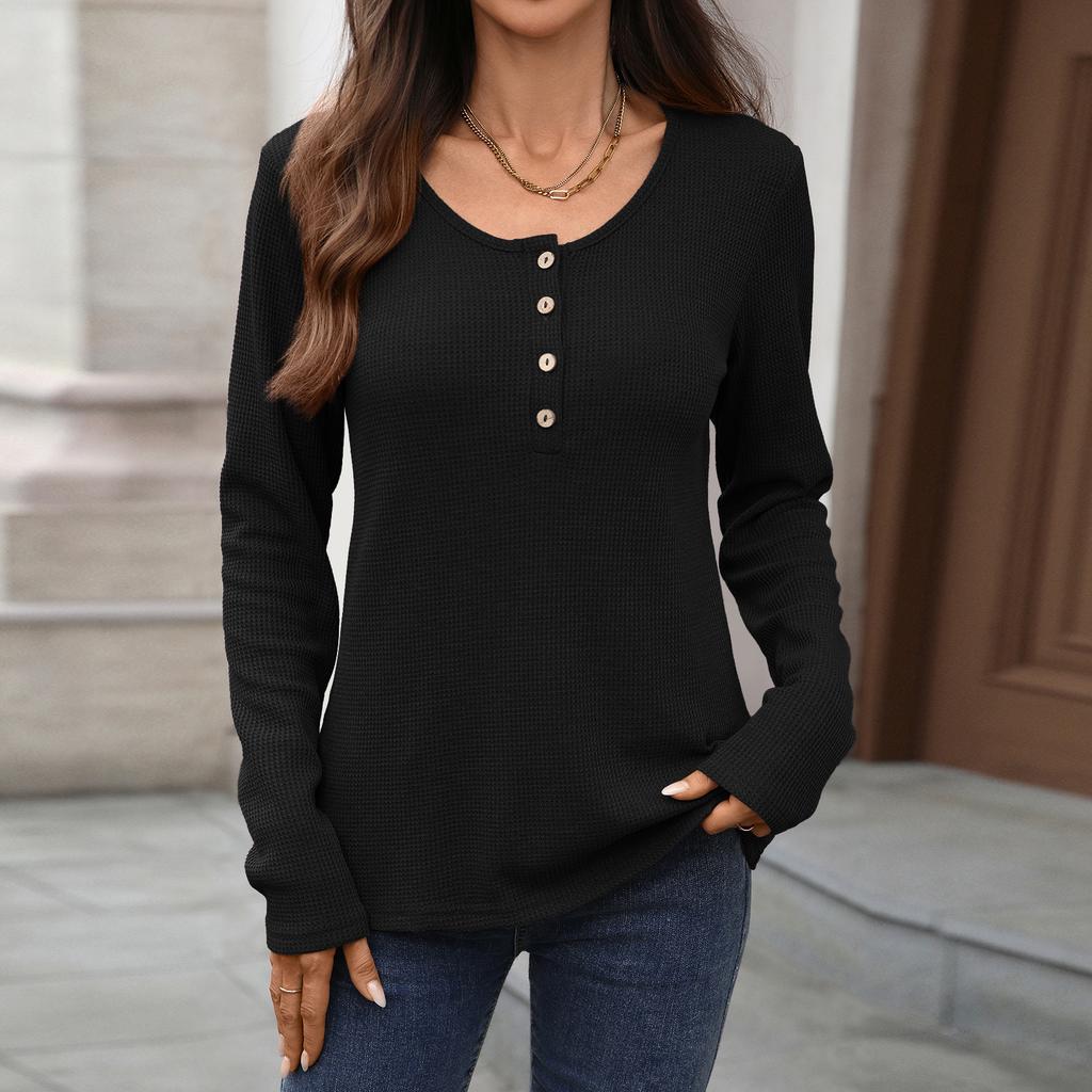 Autumn Winter Solid Color Round Neck Button Loose Long Sleeve T-Shirt Top for Women