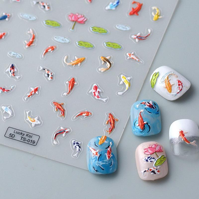 5D Embossed Colorful Lotus Leaf Small Fish Soft Relief Nail Art Stickers Diy