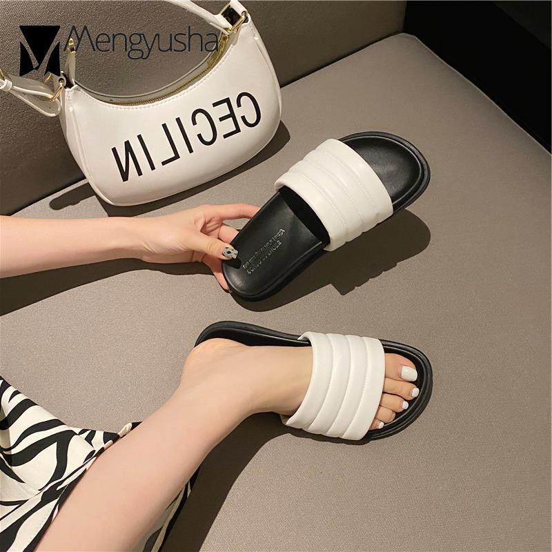 Mode 2024 Damen Hausschuhe mit gemischtem Farbblock Grün Sandalen Plateau Pantoletten Damen Gestreifte Lederschuhe Dicksohlige Flipflops Slipper