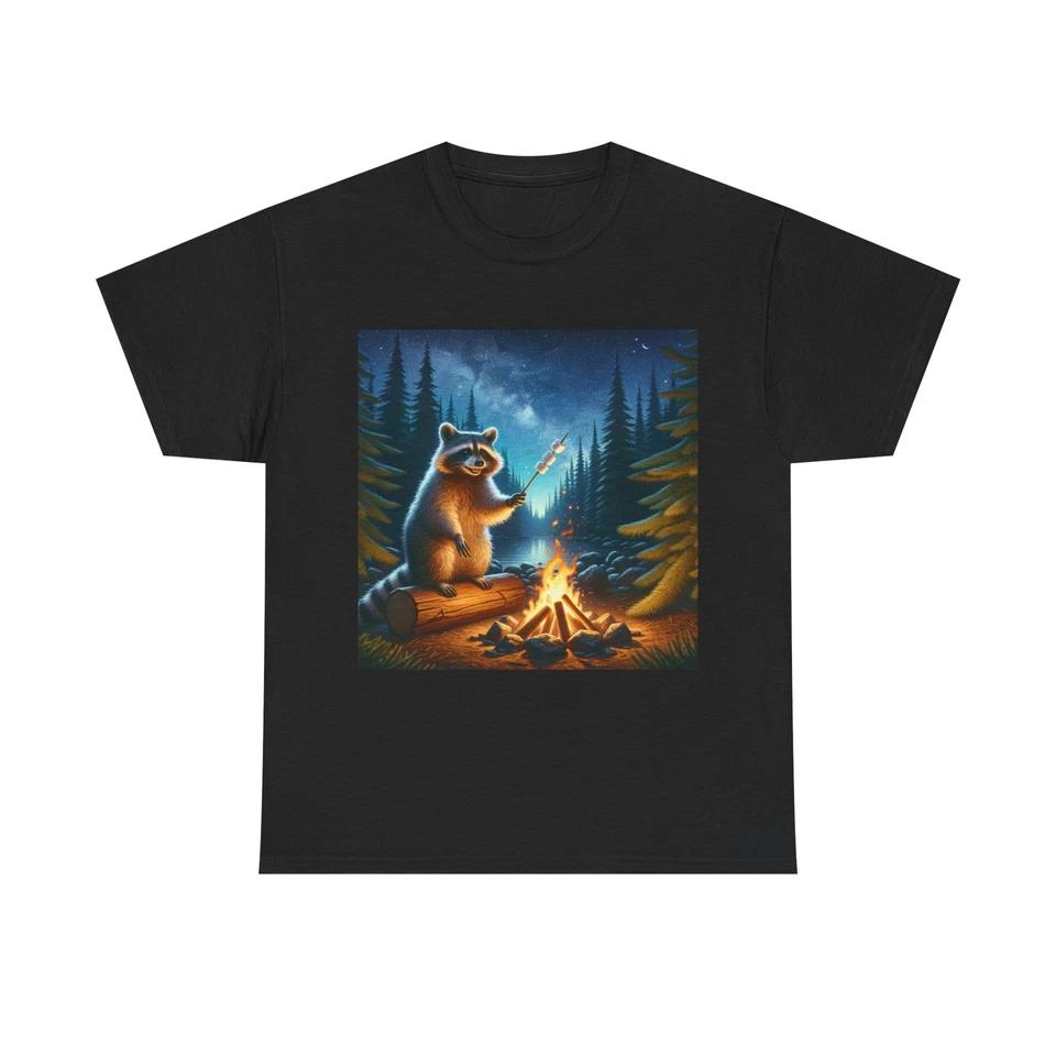 Unisex Adult T Shirt Cozy Campfire Raccoon with Marshmallows XL