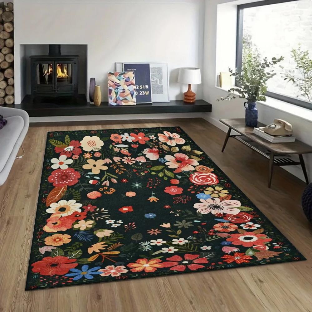 Floral Print Area Rug, Garden Inspired Carpet for Living Room, Non-Slip Washable Floor Mat Entryway Kitchen Boho Home Decor