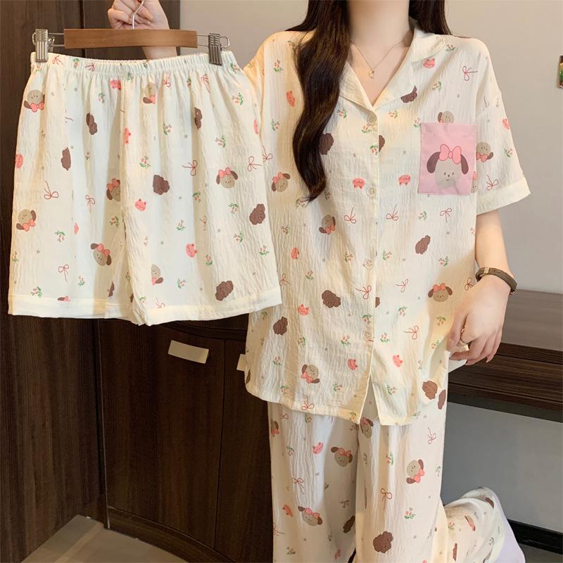 High-Value Floral Puppy Cloud Cotton Pajamas Women'S Summer Sweet Short-Sleeved Three-Piece Loungewear