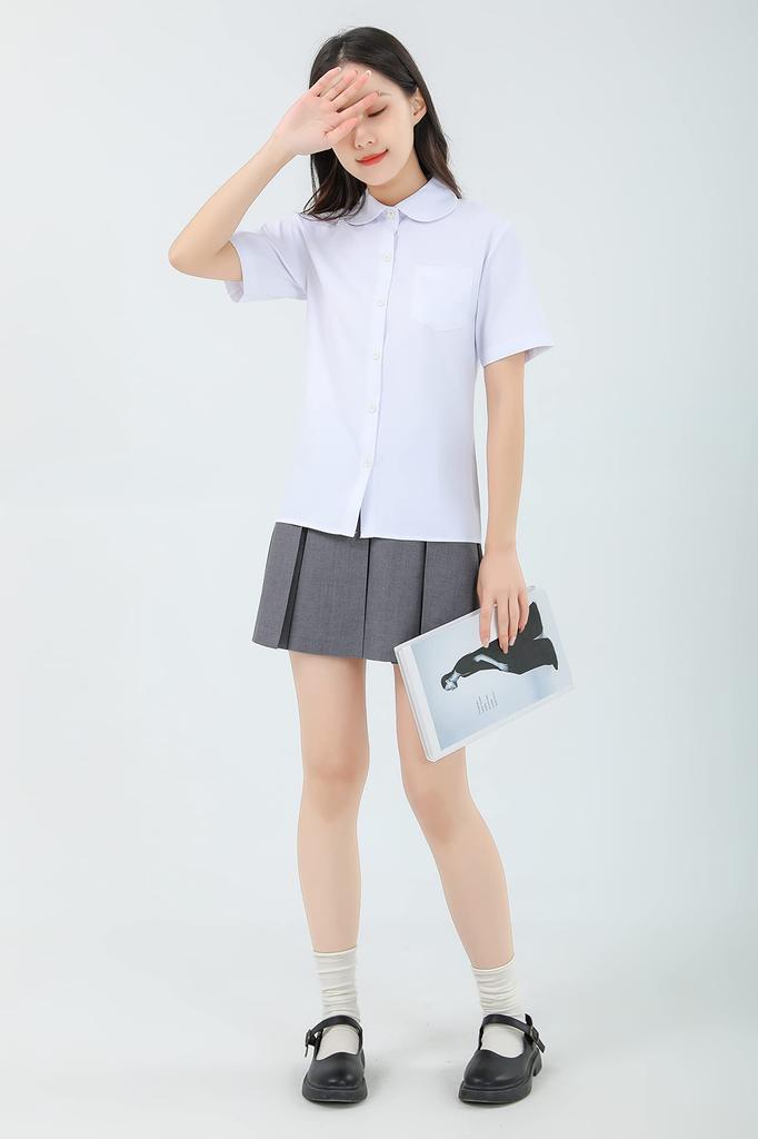 Cămașă Școlară Scurtă Rotundă cu Buzunar [Sharphon] Cămașă de Fete, Mânecă, Guler, Simplă, Bumbac, Top,