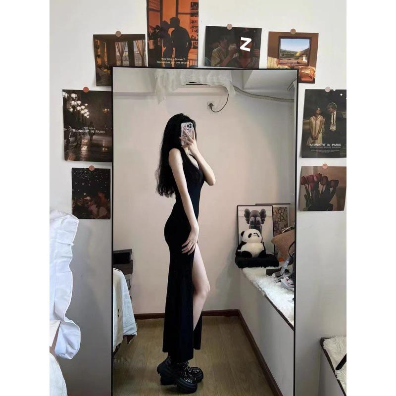 2025 Damen Schwarzes Schlankmachendes Bodycon Teelanges Kleid