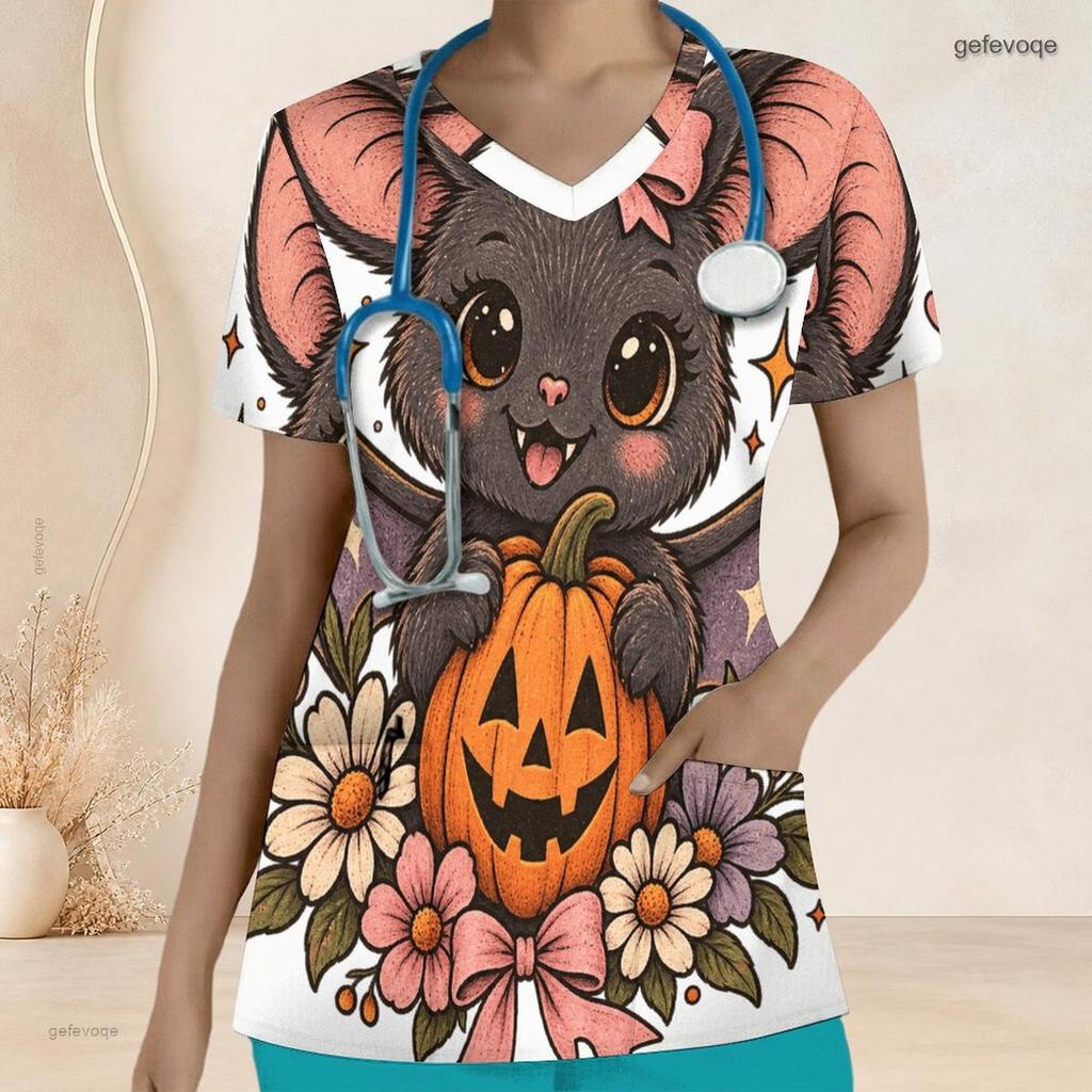Women Plus Size V Neck Short Sleeve Scrub Top Halloween Camper Van Campfire Bat Pumpkin Print Nurse Uniform Top