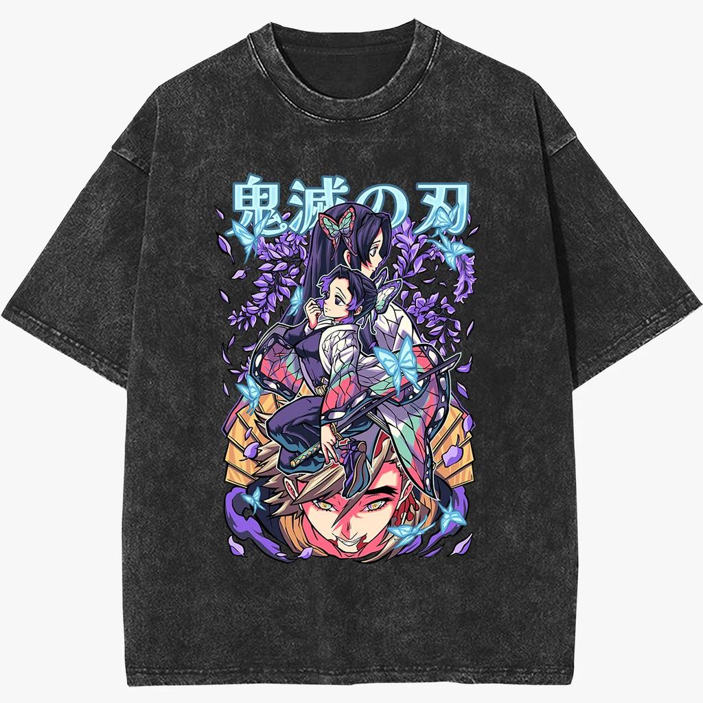 Demon Slayer Kimetsu No Yaiba Shinobu and Kanae Printed Tshirt Mens and Womens Washed Tshirt High Quality Vintage Tshirt