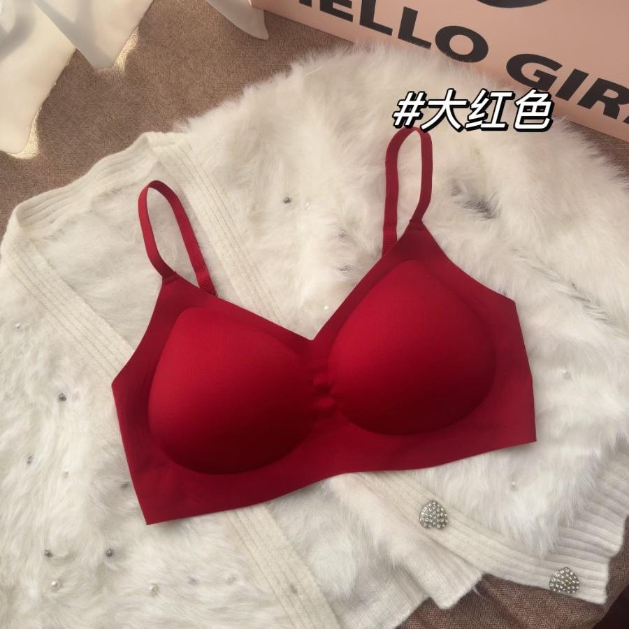 Pastoral Floral Red Plaid Underwear Women's Small Breasts Gather Without Traces and Steel Rings, Wedding Festive Natal Year Bra