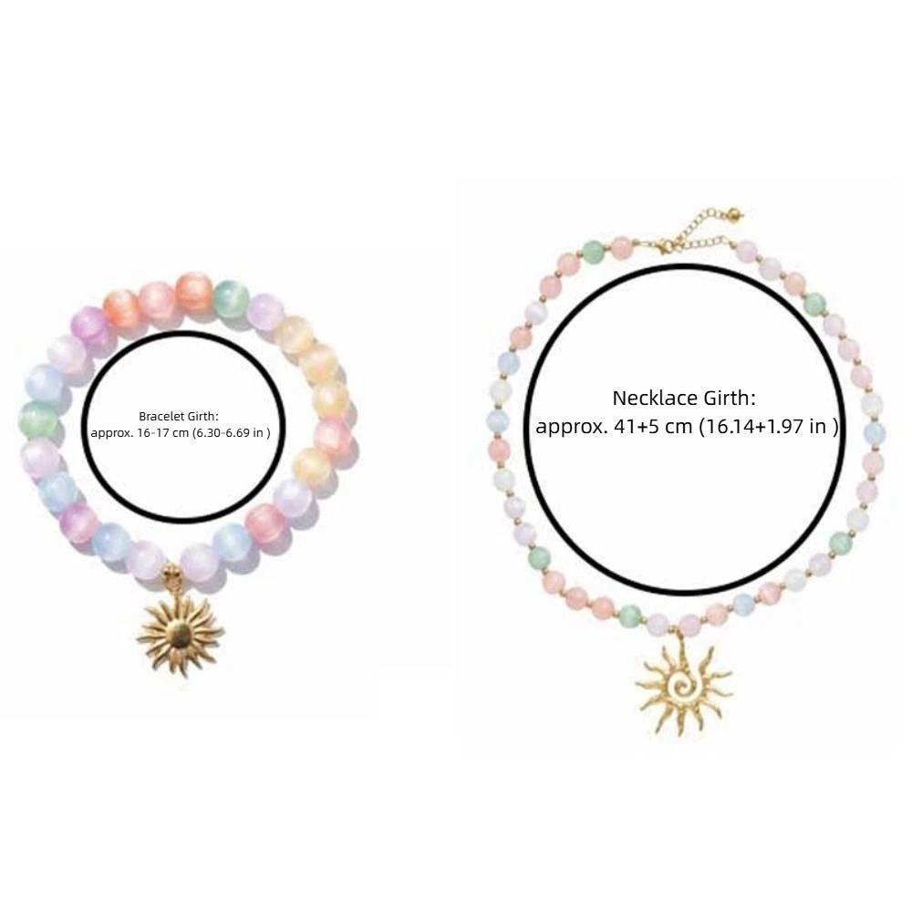 Color Changing Sun Pendant Necklace UV Reactive Gold Plated Beaded Bracelet Set Steel Chain Pastel Colors Cat Eye Choker