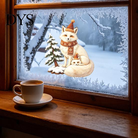 Fox Window Decals Christmas Clings, Winter Forest Animal Double-Side Sticker, Waterproof PVC Wall Art Cute Reusable Static Glass for Holiday