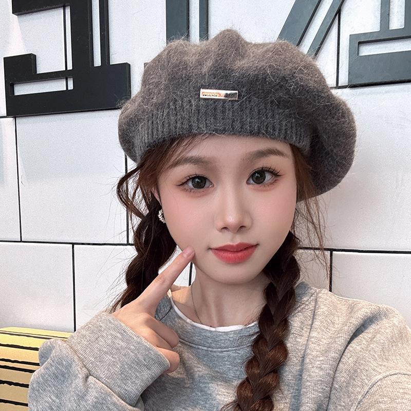 

Korean rabbit fur beret for women, autumn and winter vintage Japanese-style artist hat, Korean version, versatile, face-slimming, warm beret Average Size54-58cm