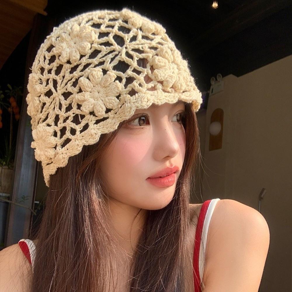 3D Flower Candy Knitted Hat Hand Hook Crochet Beanie Cap Sweet Women Bald Hat