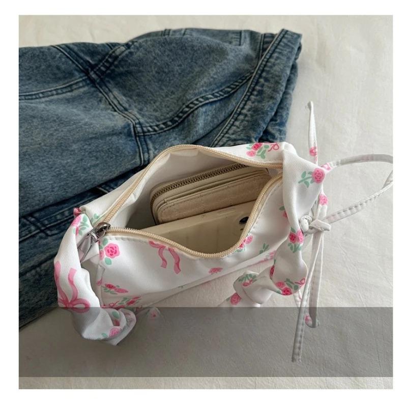 Women's Bags 2026 Summer Canvas Pleated Handbags Armpit Bag Korean Floral Bow Printed Zipper Tote Bag Female Small Shoulder Bag