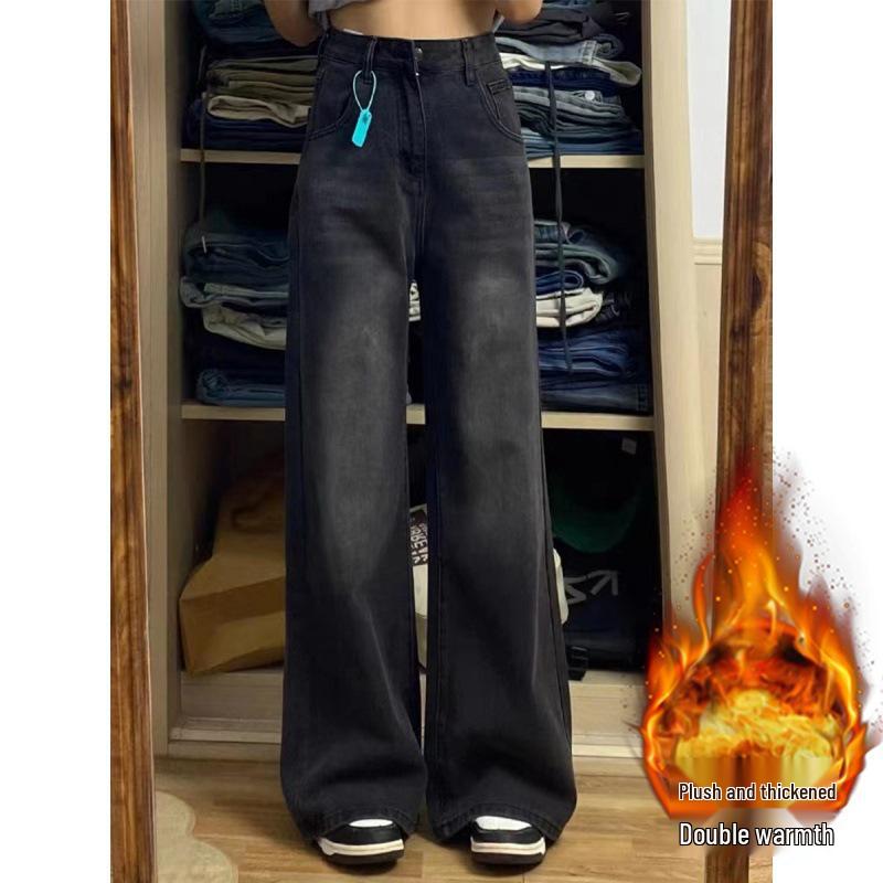 Women's 2025 Plus Size Fleece-Lined High Waist Winter Jeans - Thickened, Slimming, Loose Fit, Straight & Wide Leg
