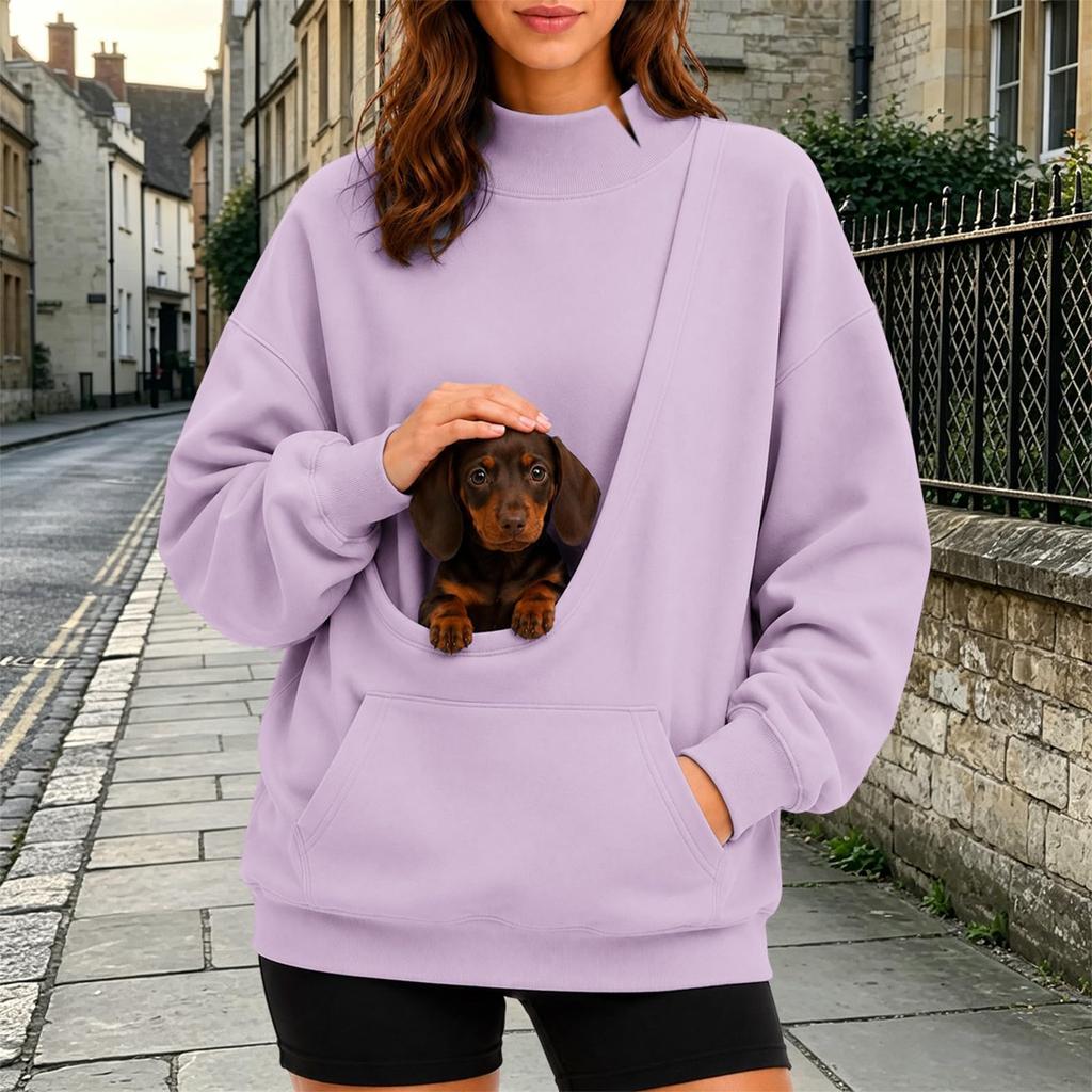 Women's Fashion Drop Shoulder Long Sleeve Pullover Sweatshirt with Pet and Baby Pouch Casual Top