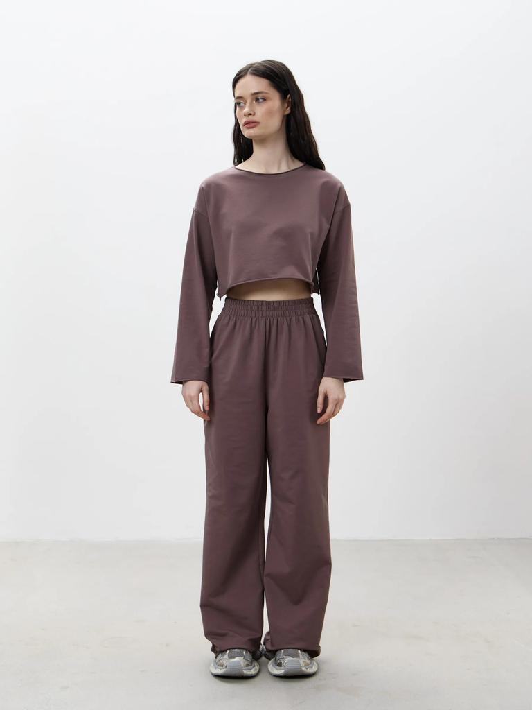 Spring and Summer Women's Casual Suit Solid Color Long Sleeve Crew Neck T-Shirt Elastic Wide Leg Pants Two-piece Set