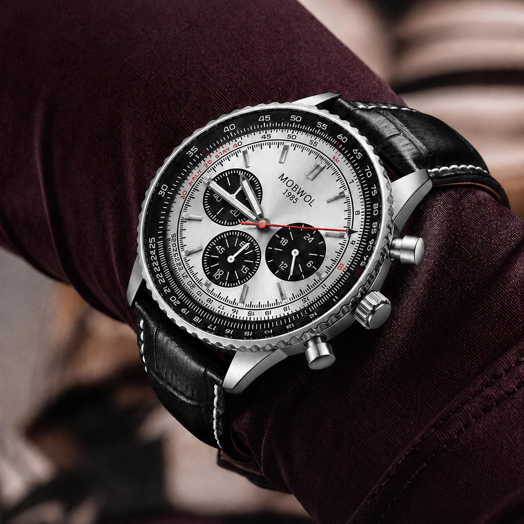 MOBWOL Men Chronograph Watch Leather Strap 30M Waterproof Quartz Sports Wristwatch Luxury Business Male Gift Watch