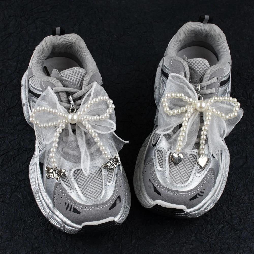 NEW Pearl Bow Shoe Charm Accessories Shoe Laces Charms for Sneakers Decorative Silk Ribbon Metal Pendant Shoe Decorations 1Pcs