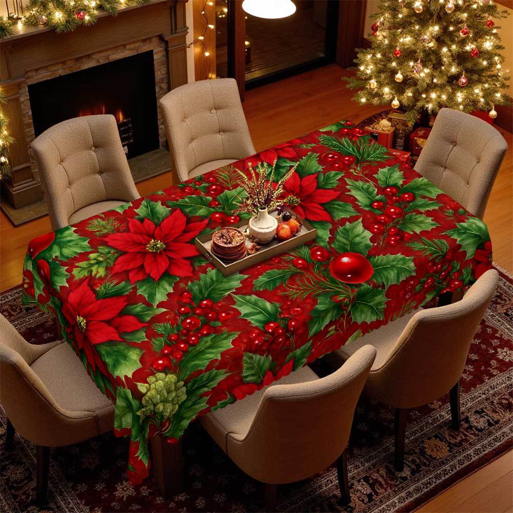 Christmas Theme Round Table Cloth, Red Flower Green Leaf Berry Pattern, Table Decoration Cloth, Festive Atmosphere