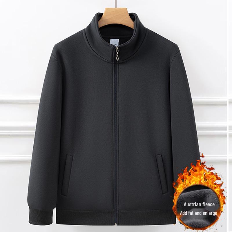 Men's Plus Size Fleece-Lined Stand Collar Cardigan Jacket - Thick, Loose, Casual, Versatile Winter Sweatshirt