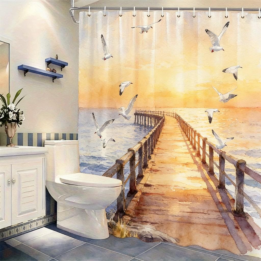 Watercolor Sunset Ocean Sailboat & Seagulls Waterproof Shower Curtain For Bathroom Decor W60H190(CM)-1 Pcs