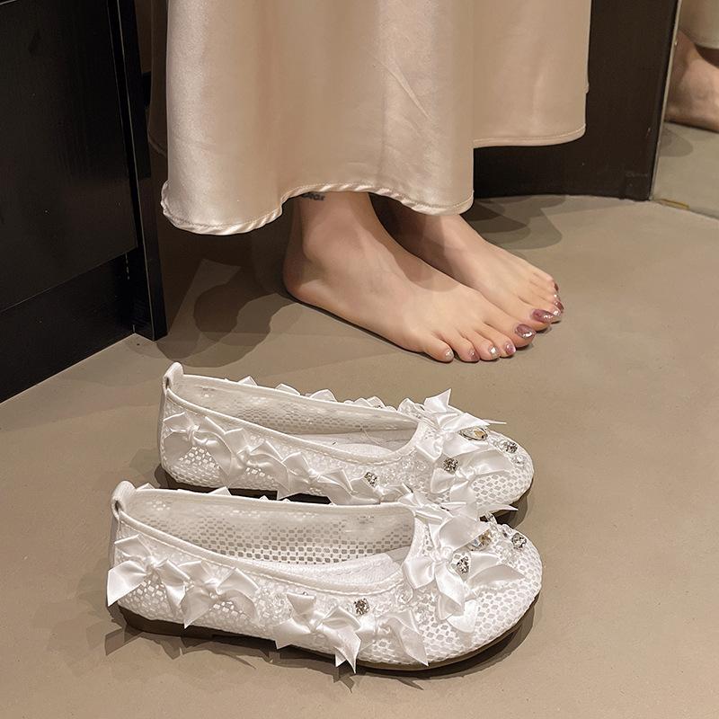 Mesh fisherman shoes women's 2025 spring and summer new rhinestones sweet bow shallow mouth Mary Jane single shoes women