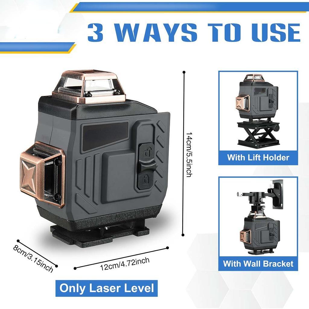 8/12/16 Linien-4D-Laser-Wasserwaage, verstellbar, grünes Licht, selbstnivellierend, 360° drehbar, horizontal, vertikal, kreuzweise, automatische Messung