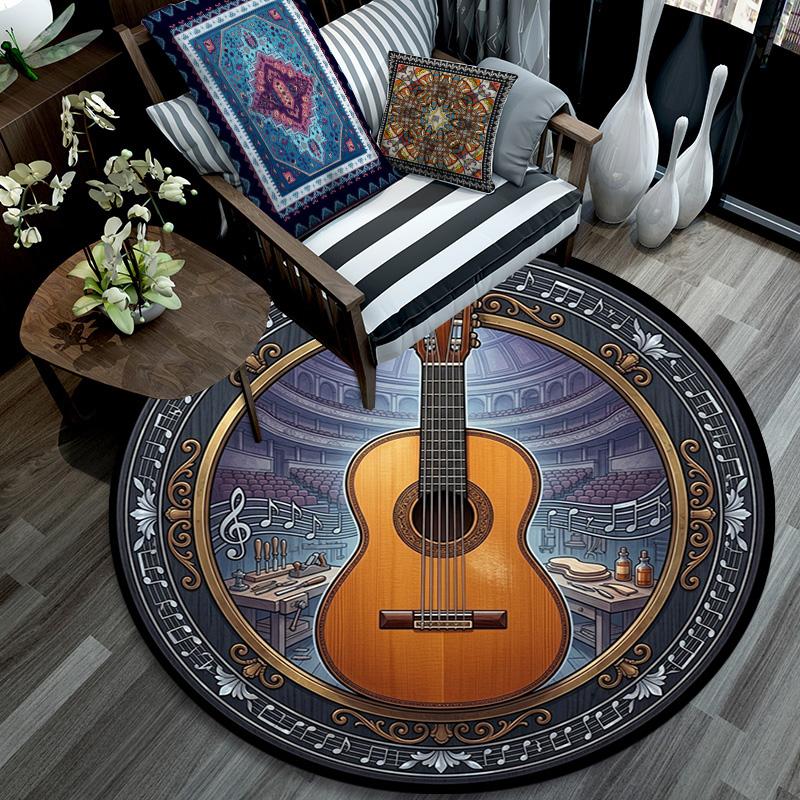 Acoustic Guitar Symphony Round Area Rug Under Office Chairs Bedroom Living Room Home Decor