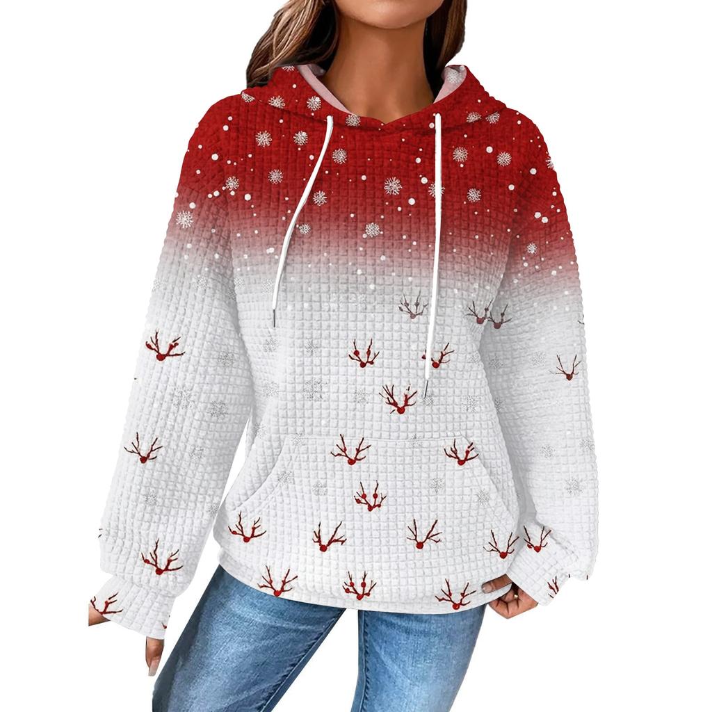 Women's Fashion Loose Hooded Pullover Long Sleeve Plaid Sweatshirt With Drawstring, Drop Shoulder, Pocket, Christmas Print Top