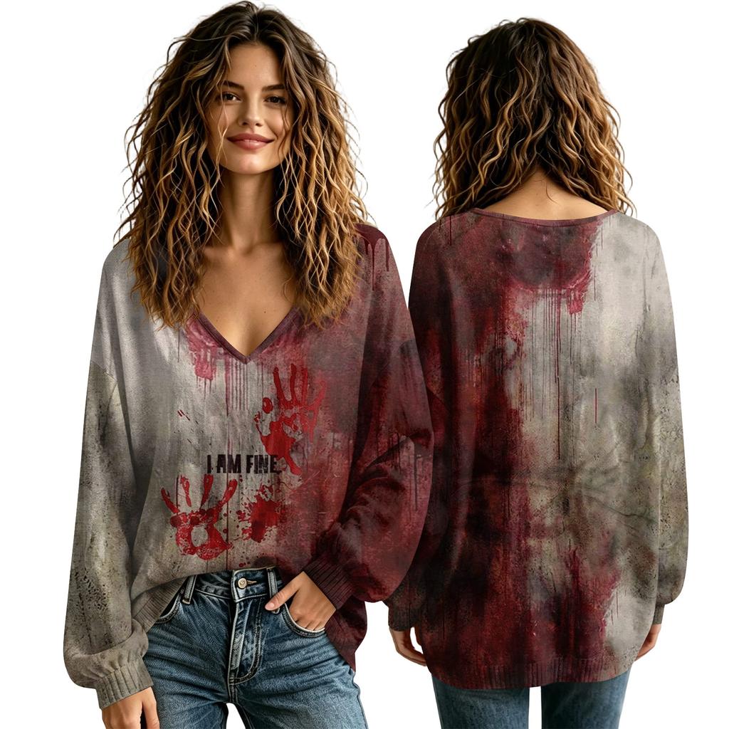 Women's V-Neck Halloween Shirt for Fall, Seasonal Top for Ladies