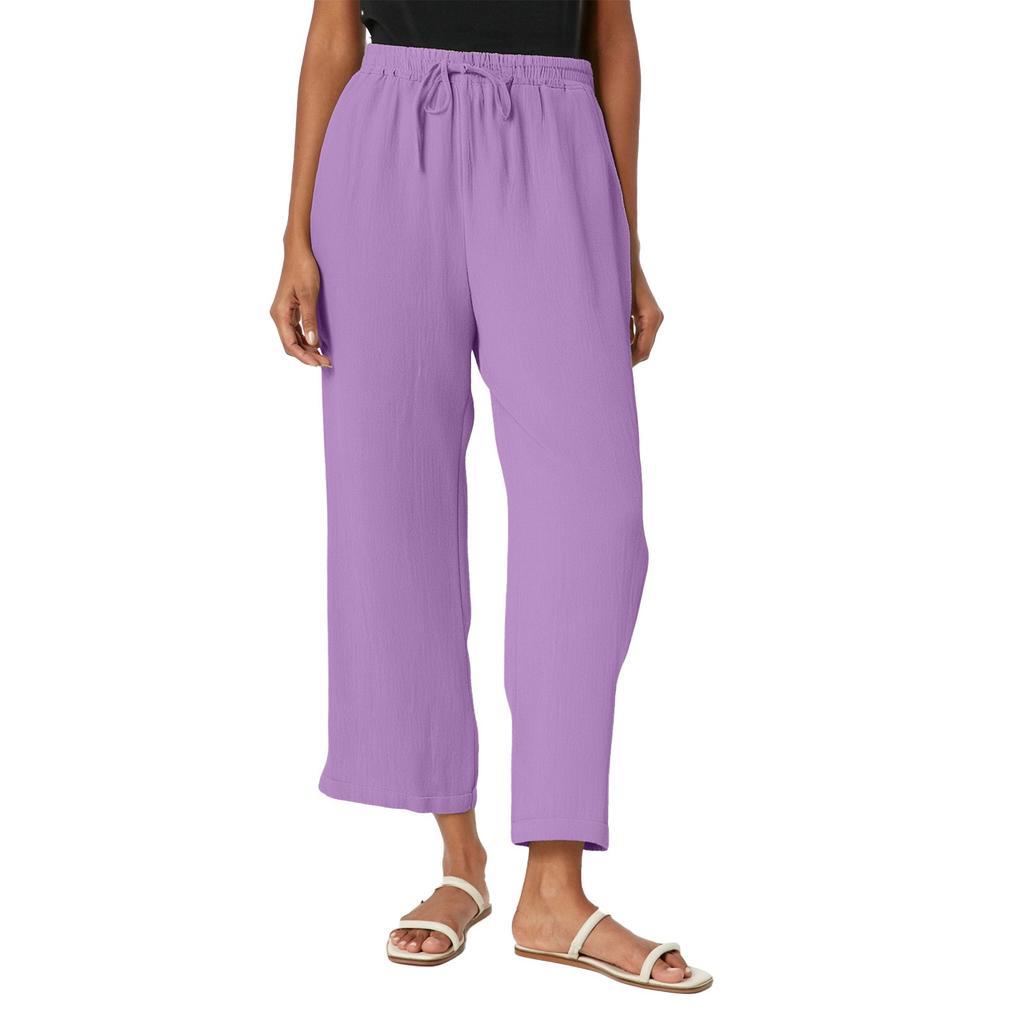 Dámské jednobarevné bavlněné a lněné kalhoty s kapsami a elastickým pasem, volnočasové kalhoty