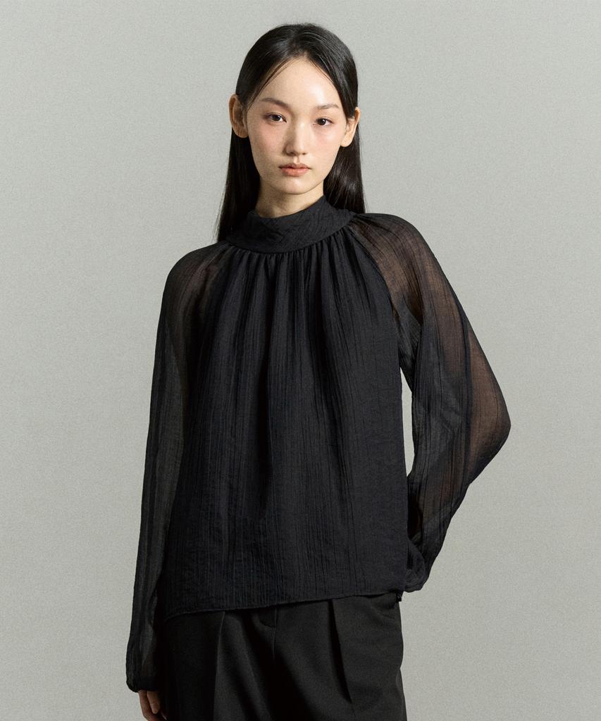 RE RHEE High Neck Sheer Sleeve Blouse