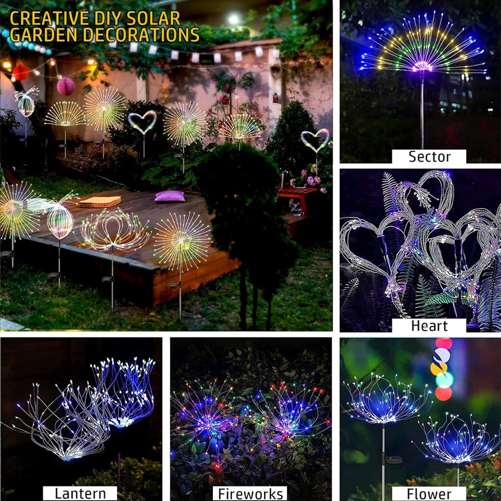 2x Waterproof LED Solar Firework Lights Outdoor, 8 Modes Holiday Lighting Light Garden Decoration Fairy Lamp for Patio Christmas