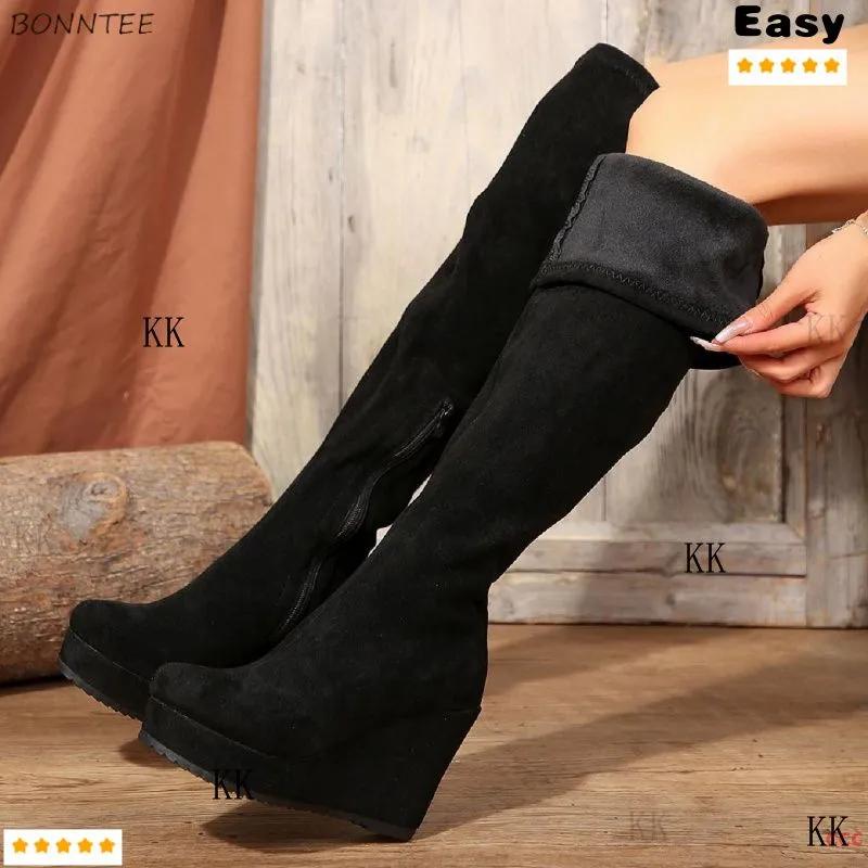 Damen Overknee Stiefel Wildleder High Heels Herbst Winter Neu Plateau Keilabsatz Chelsea Boots Damen Chunky Stiefel