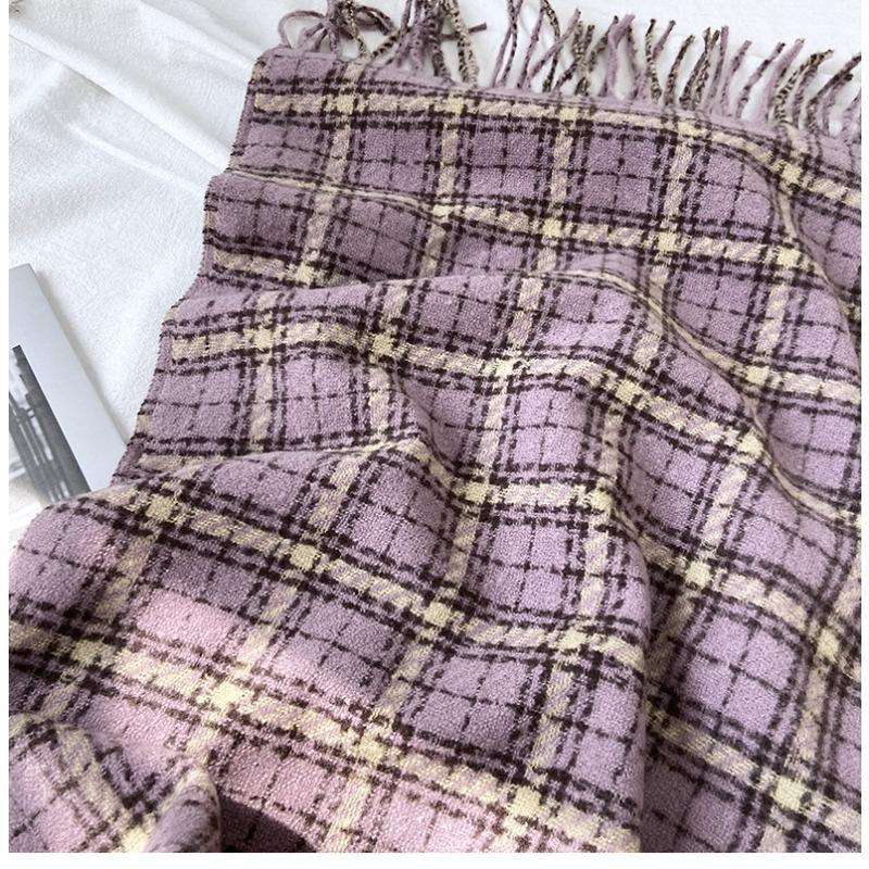 New Plaid Scarf Women's Winter Thickened Warm Retro Fringed Scarf Shawl Thickened Warmth for Cold Weather