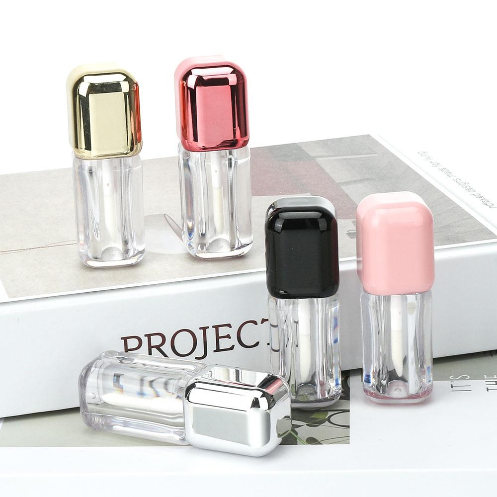 5ml Pink Square Thick Barrel Lip Gloss Tube, Transparent Cosmetic Container with Gold Silver Cap, Empty Refillable Packaging