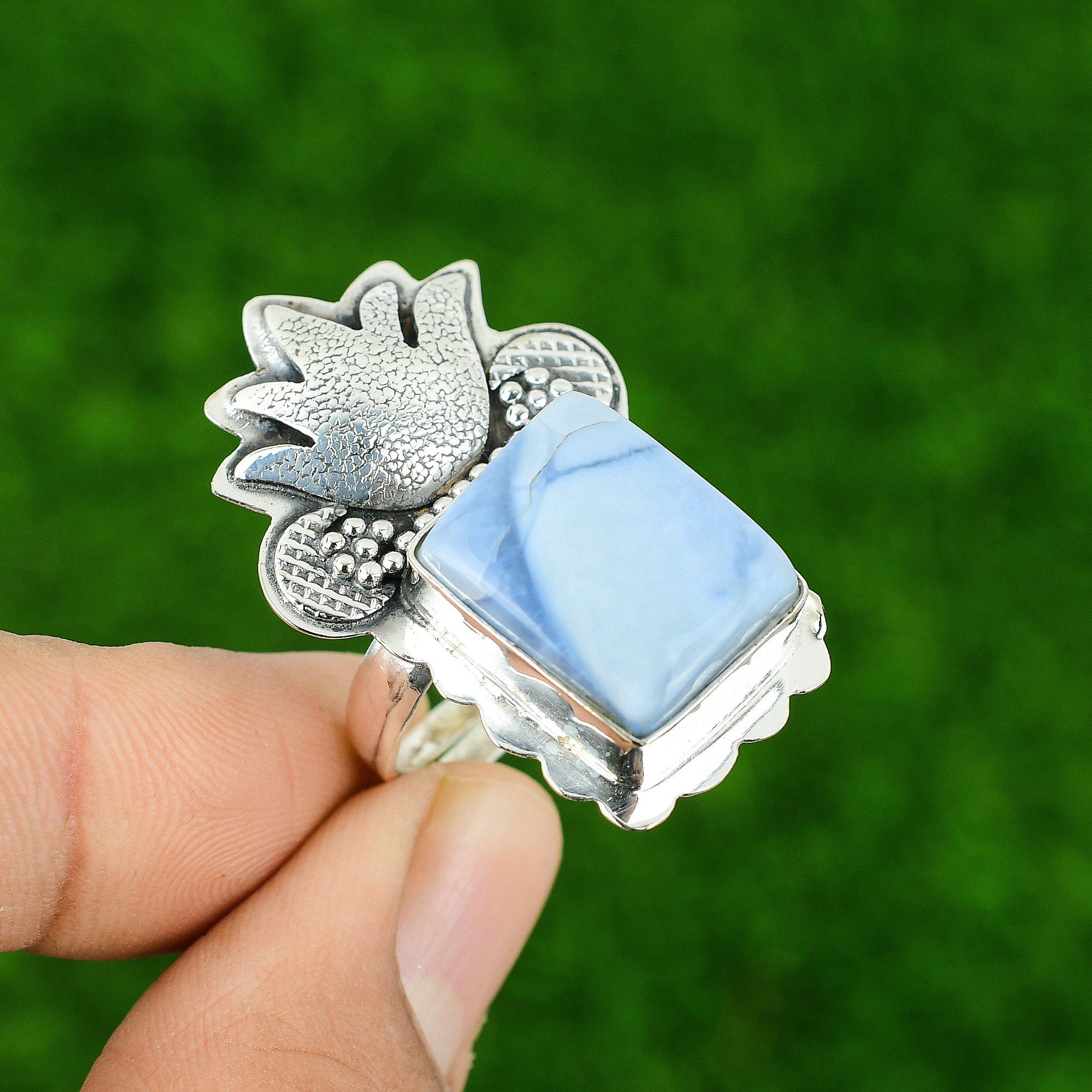 

925 Sterling Silver Owyhee Blue Opal Gemstone Solitaire Engagement Ring Jewelry Adjustable