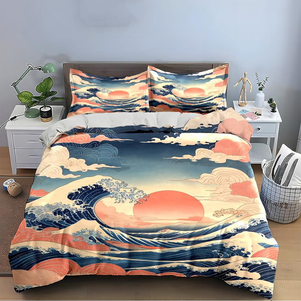 Japanese Wave and Red Sun Bedding Set Bedding set (1 duvet cover, 2 pillowcases, duvet not included)