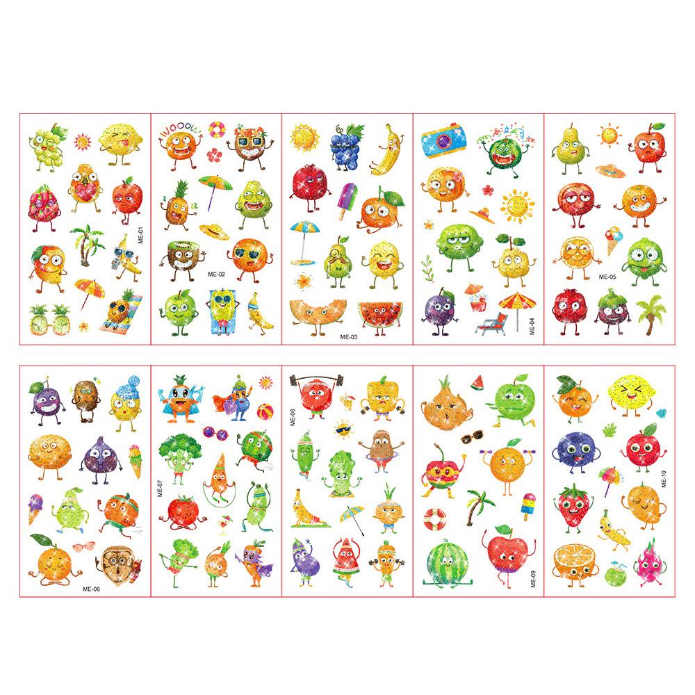 10 Fogli/Set Tatuaggi Adesivi Colorati con Polvere Glitterata Cartone Animato Animale Unicorno Principessa Veicolo Tatuaggio Temporaneo Finto per Bambini