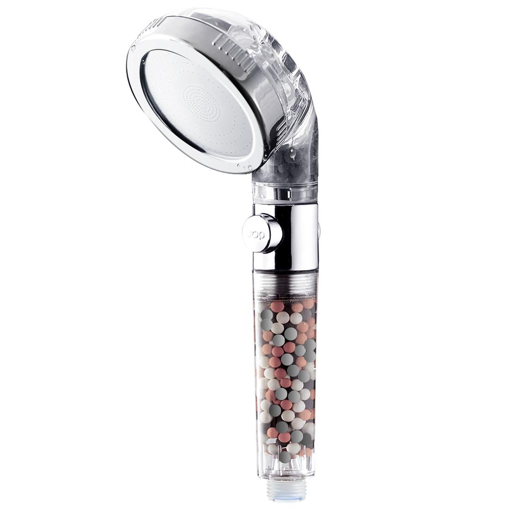 3 Modes Adjustable High Pressure Shower Head SPA Shower Water Saving Filter Balls Replaceable Switch Button One Key Stop Shower
