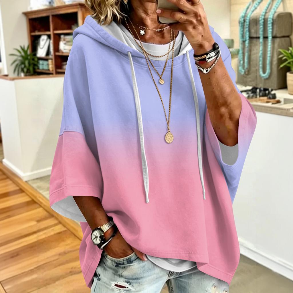 Women's Casual Hoodie with Drawstring Hood and Gradient Print - Oversized Long Sleeve Pullover Top
